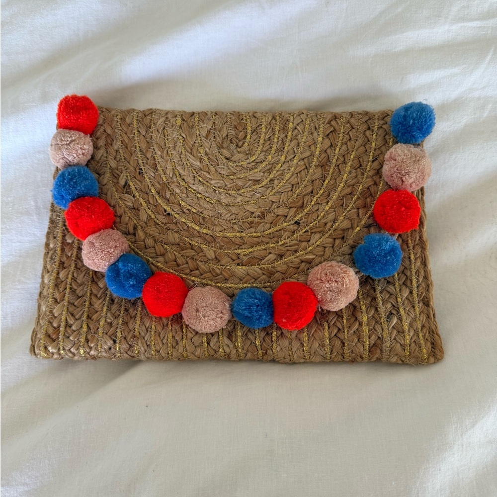 Woven Clutch with Colorful Pom Poms